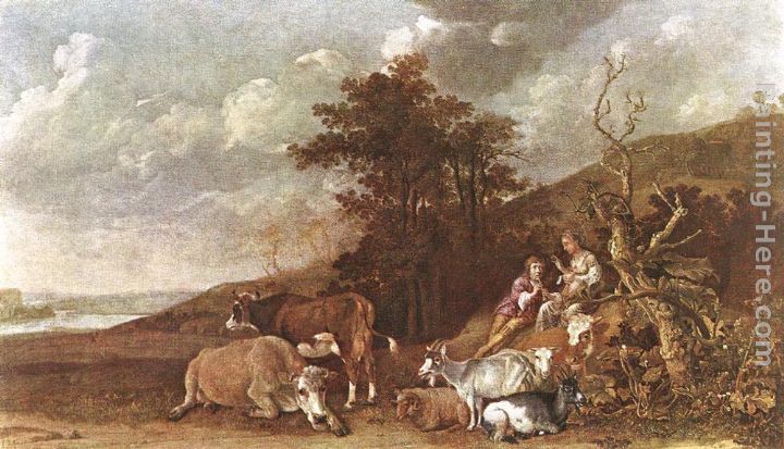 Landscape with Shepherdess and Shepherd Playing Flute painting - Paulus Potter Landscape with Shepherdess and Shepherd Playing Flute art painting